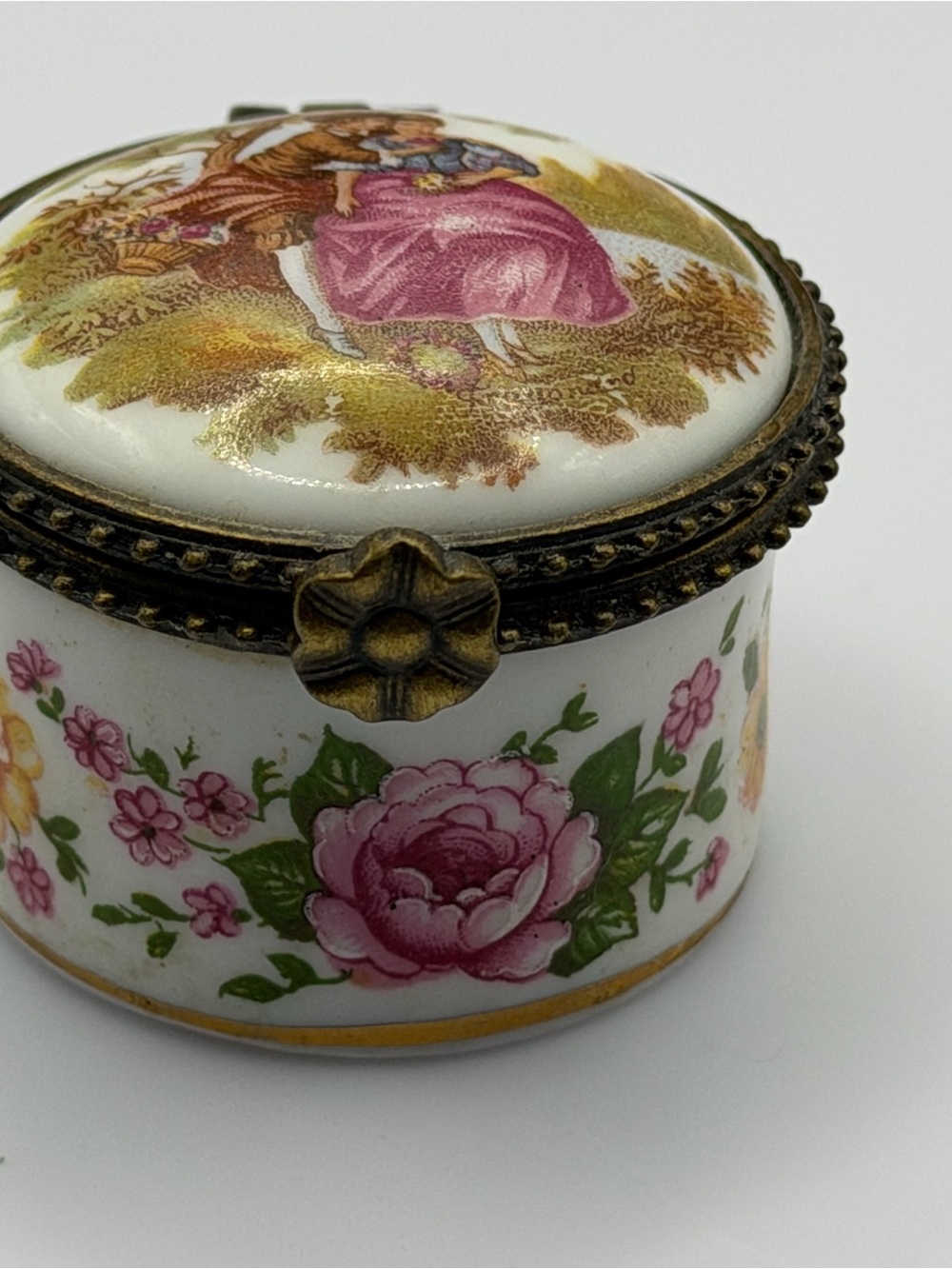 Vintage Golden Peak Porcelain Courting Couple Floral Trinket Box